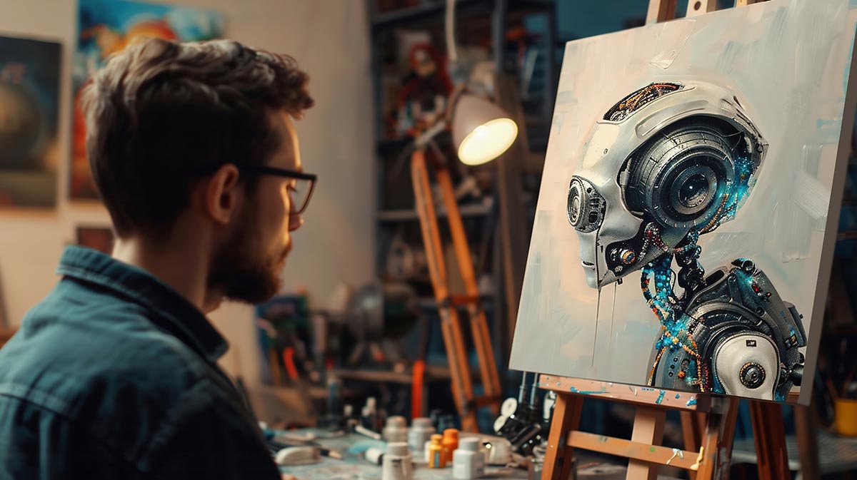 creative outlet, man painting a picture of a robot